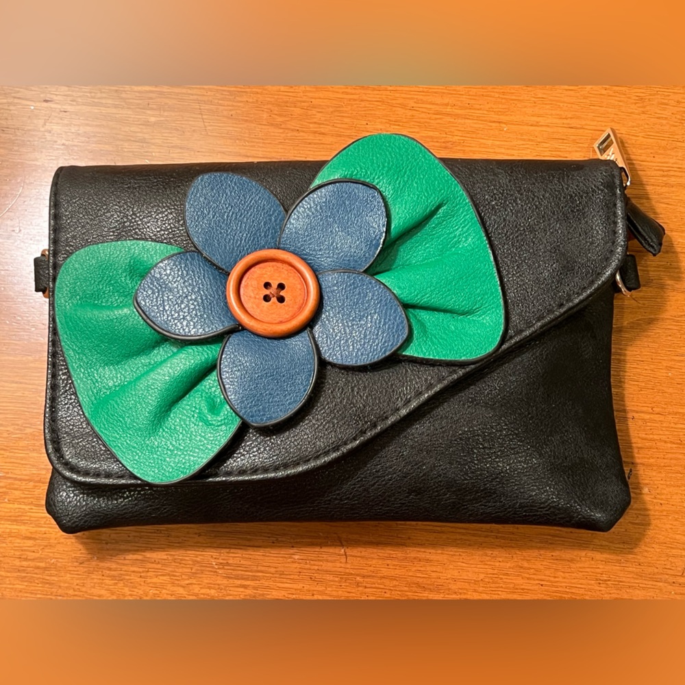 SAX Flower Fold Over Faux Leather Clutch / Crossbody HandBag